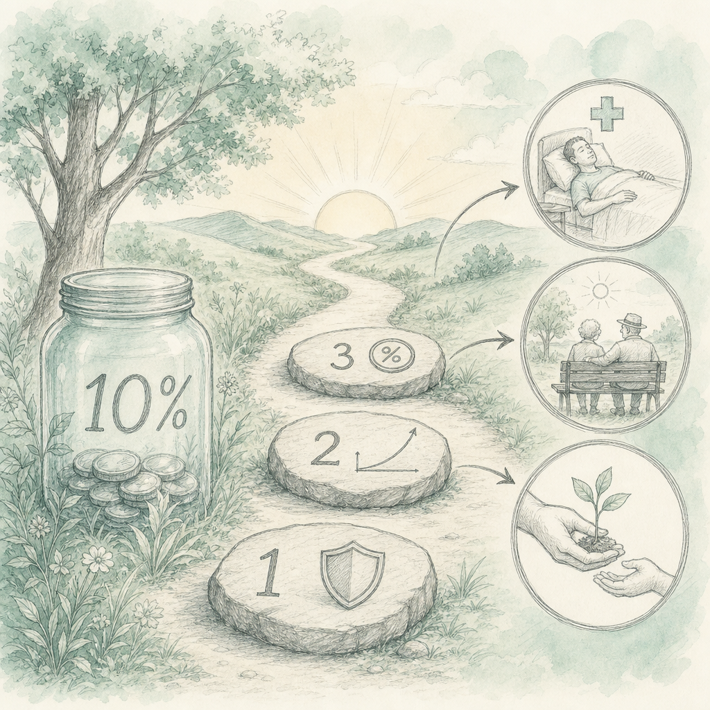 Hand-drawn 10% savings jar, three stepping stones representing risk, compounding and taxes, leading to three life goals