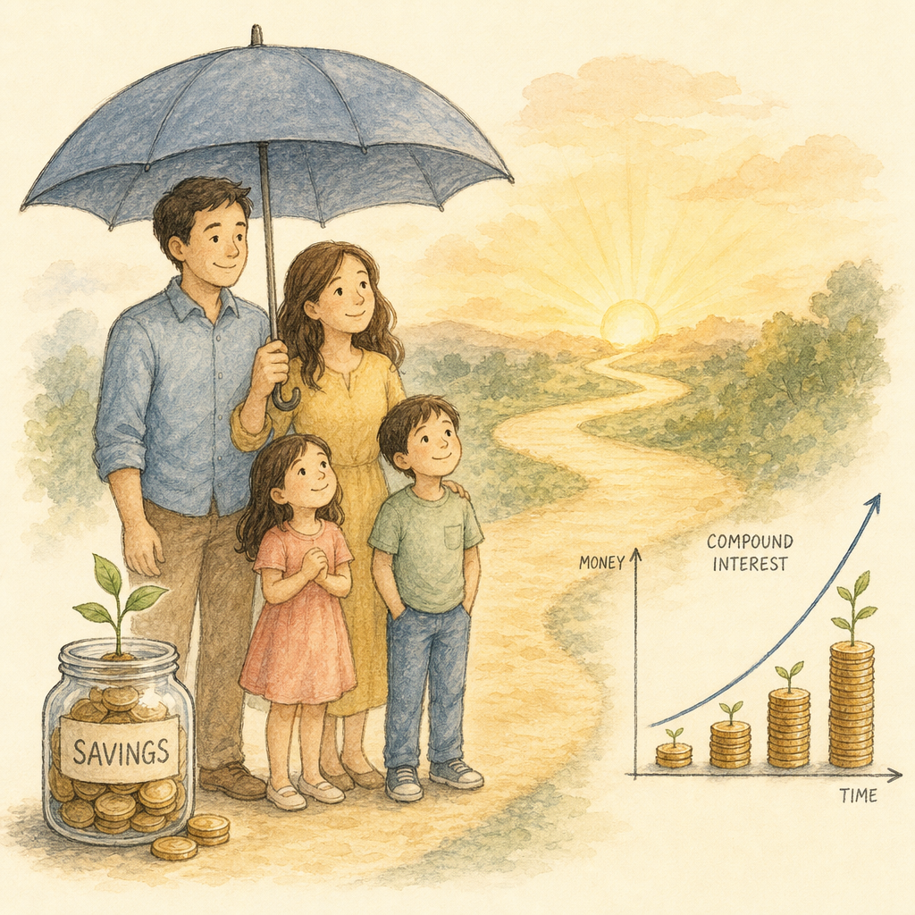 Hand-drawn family protected by an umbrella with a savings jar and compound growth chart