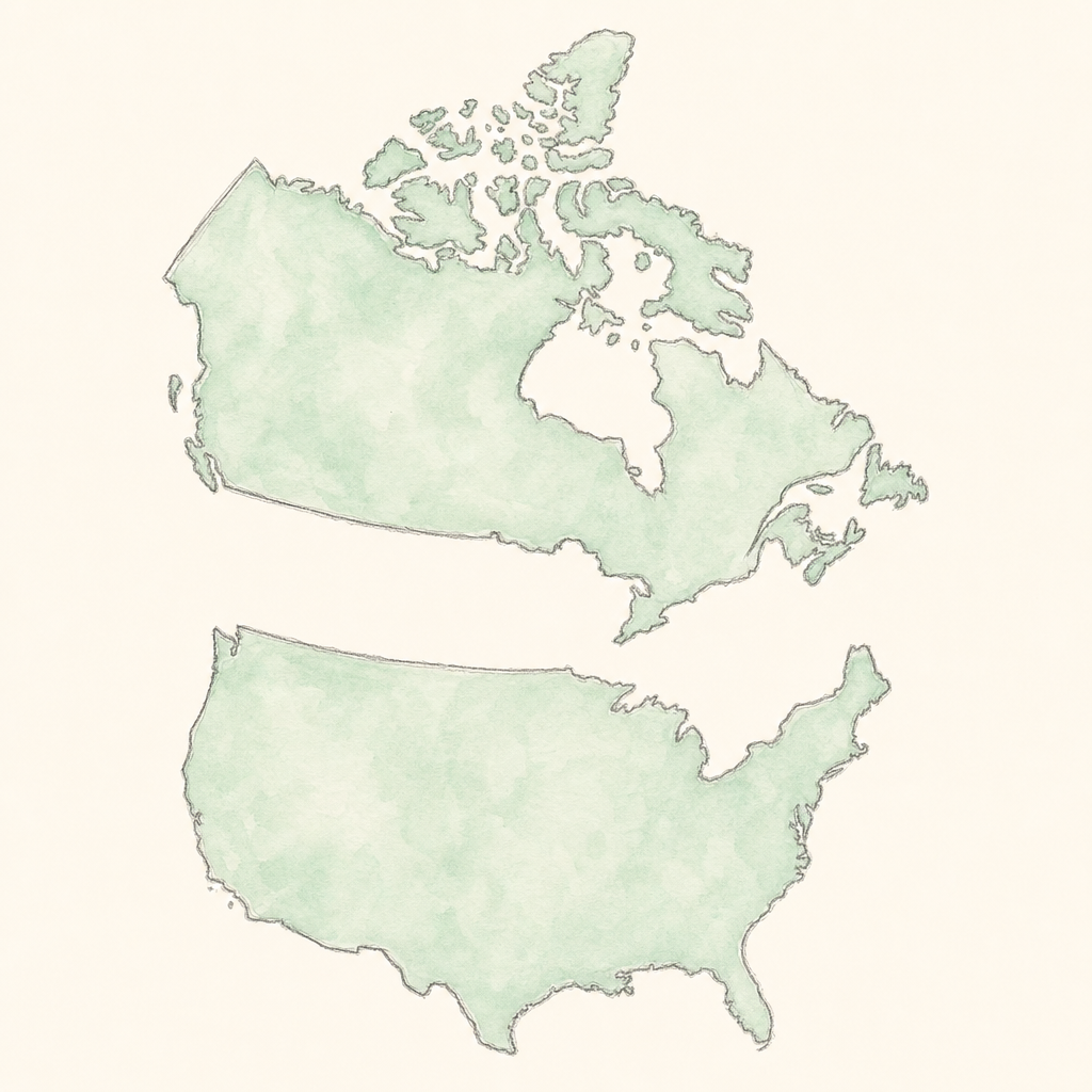 Hand-drawn watercolor shapes of Canada and the United States